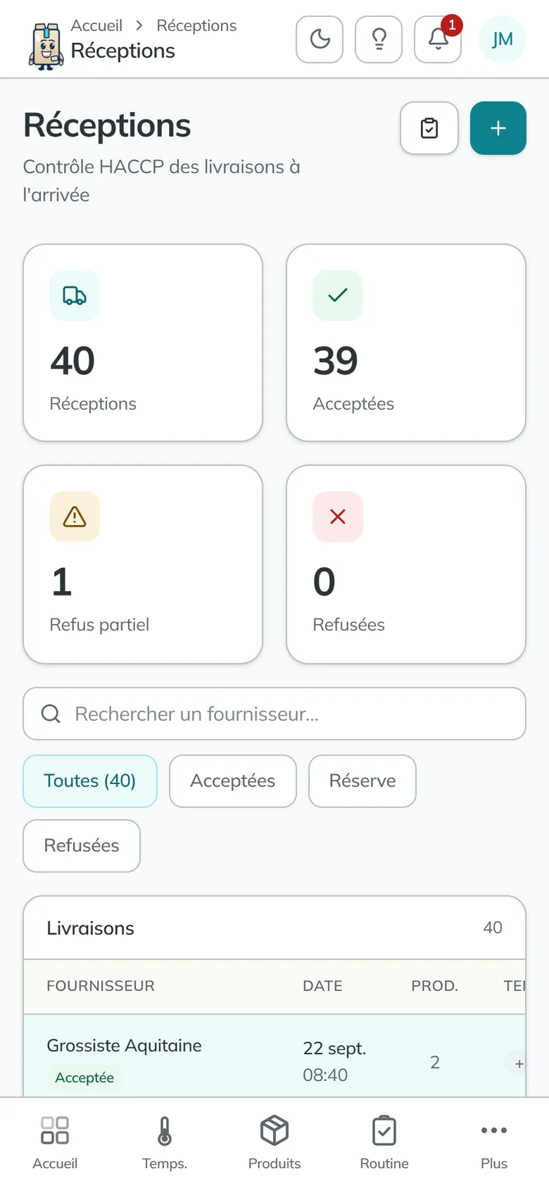 L'écran Réceptions de Frizio sur téléphone : 40 réceptions, dont 39 acceptées, 1 refus partiel et aucune refusée, puis la liste des livraisons par fournisseur