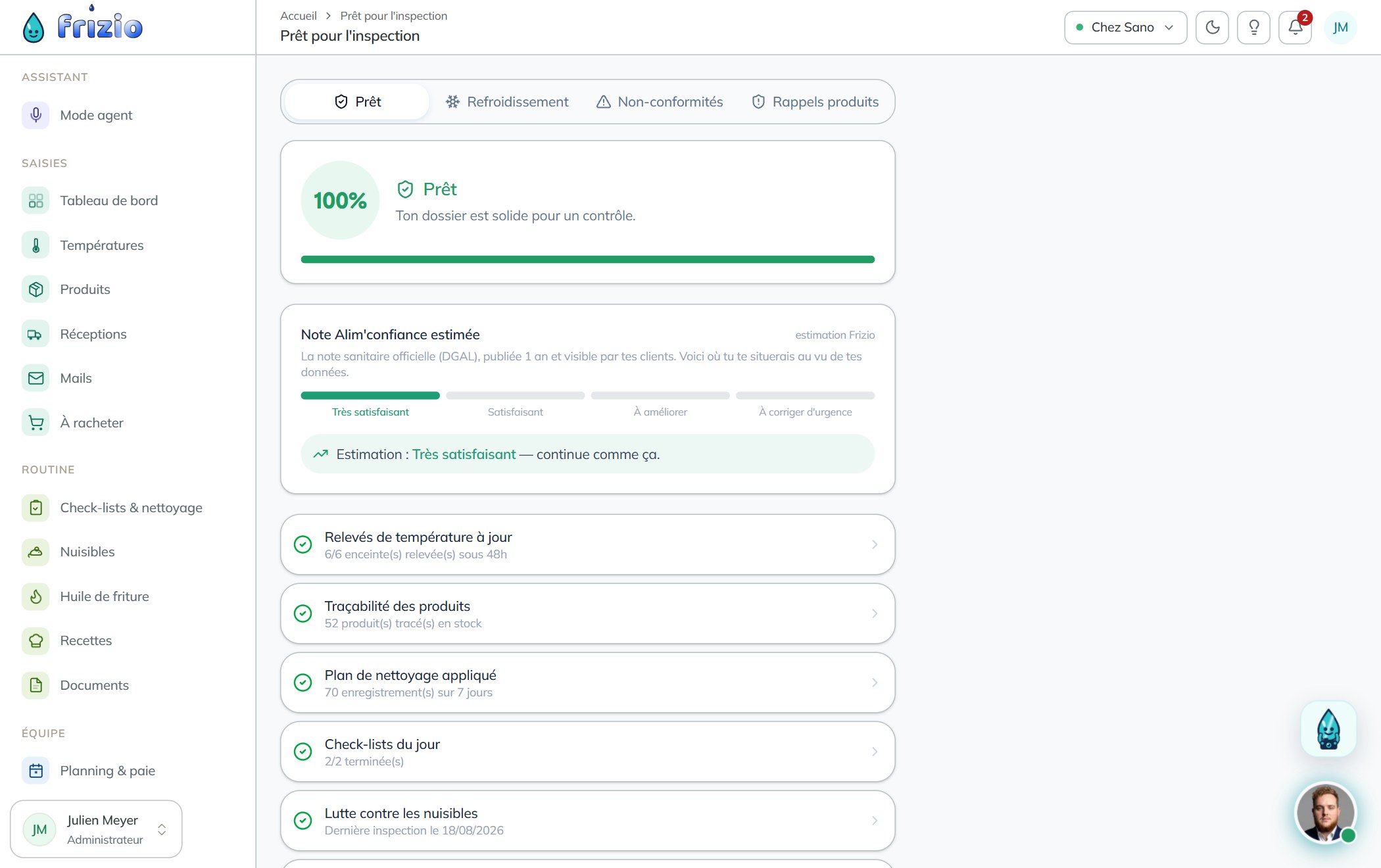 L'écran Prêt pour l'inspection de Frizio : un score de 100 %, dix points de contrôle tous au vert (relevés de température, traçabilité, plan de nettoyage, check-lists, nuisibles) et une note Alim'confiance estimée à Très satisfaisant